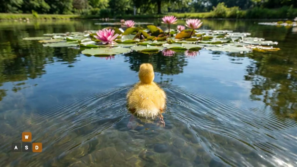 Input image: a yellow duckling swimming on a sunlit pond with water lilies