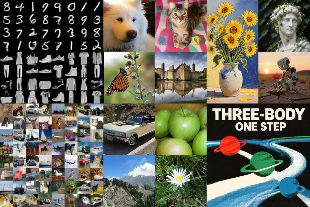 TBSM one-step samples across handwritten digits, fashion items, CIFAR-10, ImageNet, and text-to-image generation.