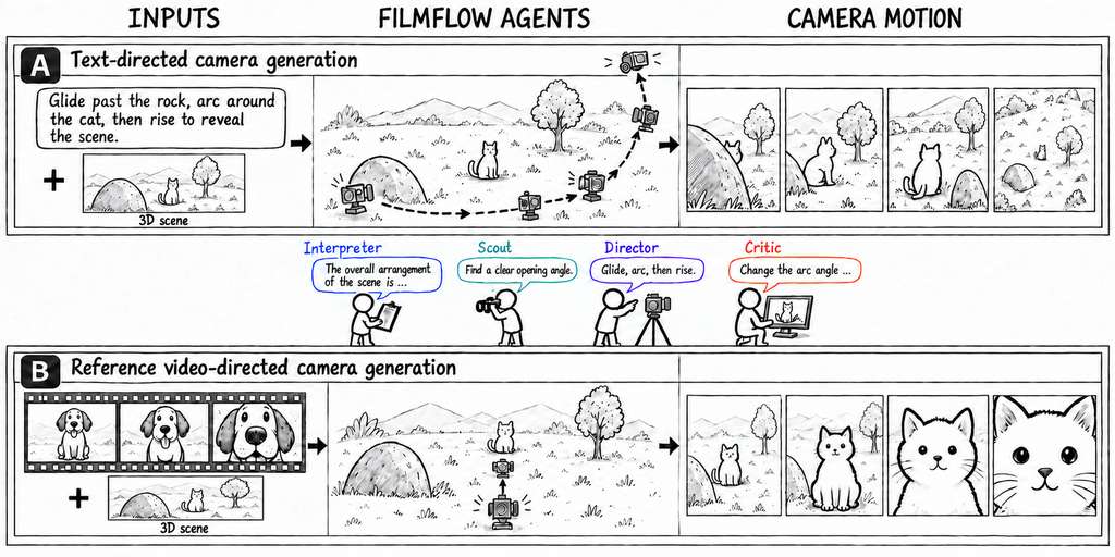 FilmFlow accepts text or a reference video and a 3D scene. Interpreter, Scout, Director, and Critic agents refine camera motion through visual feedback.