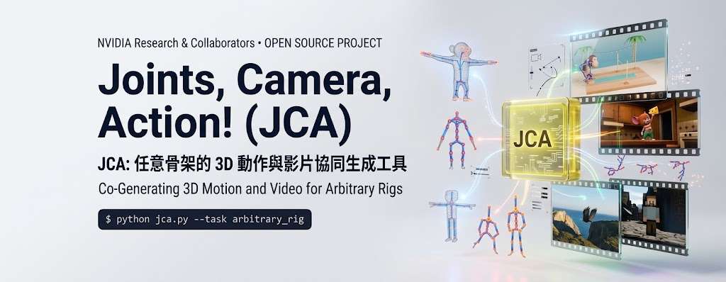 Paper overview: rigs and scene images, keyframes, video, or rig motion enter JCA to produce scene-aware animation, keyframe-controlled motion, recovered rig motion, or video.
