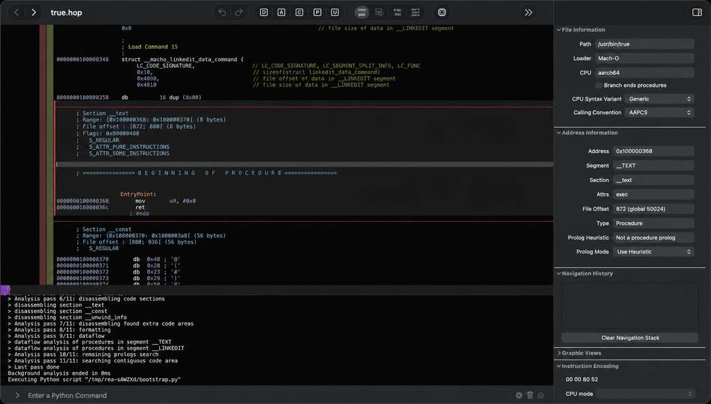REA launching its analysis bridge inside Hopper while inspecting a native binary